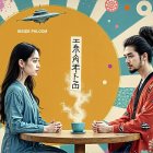 Retro-inspired scene with a couple in traditional robes