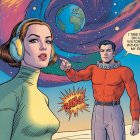 Retro-Futuristic Scene with Cosmic Colors and Characters