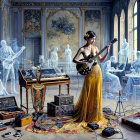 Vintage Room with Woman Playing Electric Guitar