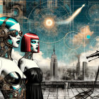 Two Female Robots on Rooftop Overlooking Cityscape