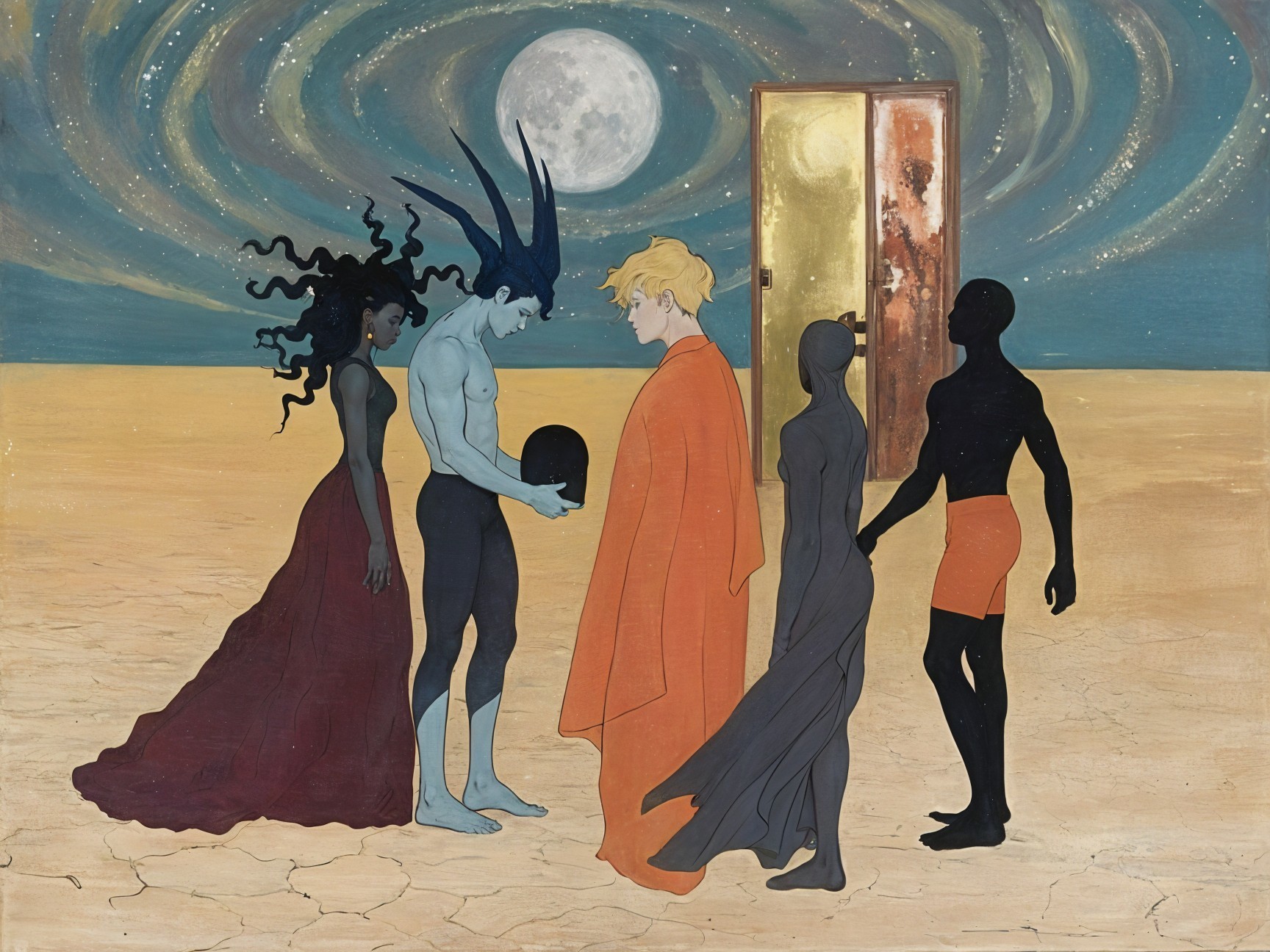 Surreal Gathering Under a Swirling Night Sky