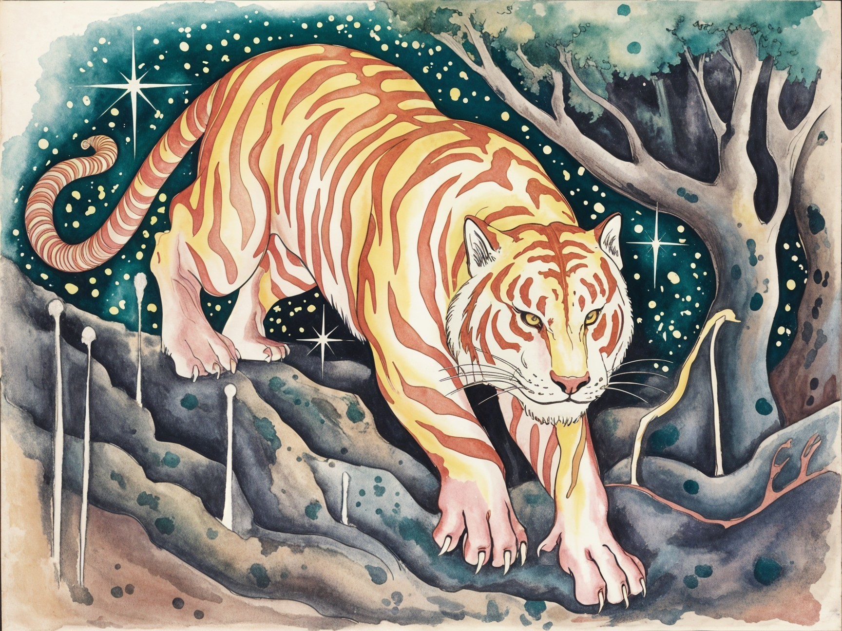 Orange and white striped tiger in a mystical forest