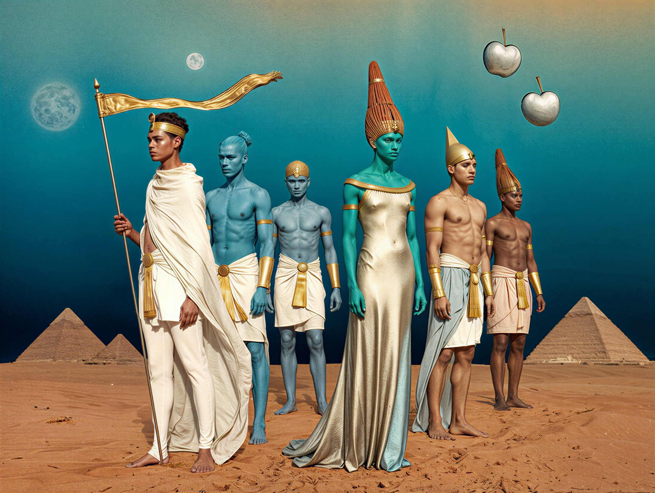 Surreal Desert Scene with Figures and Pyramids