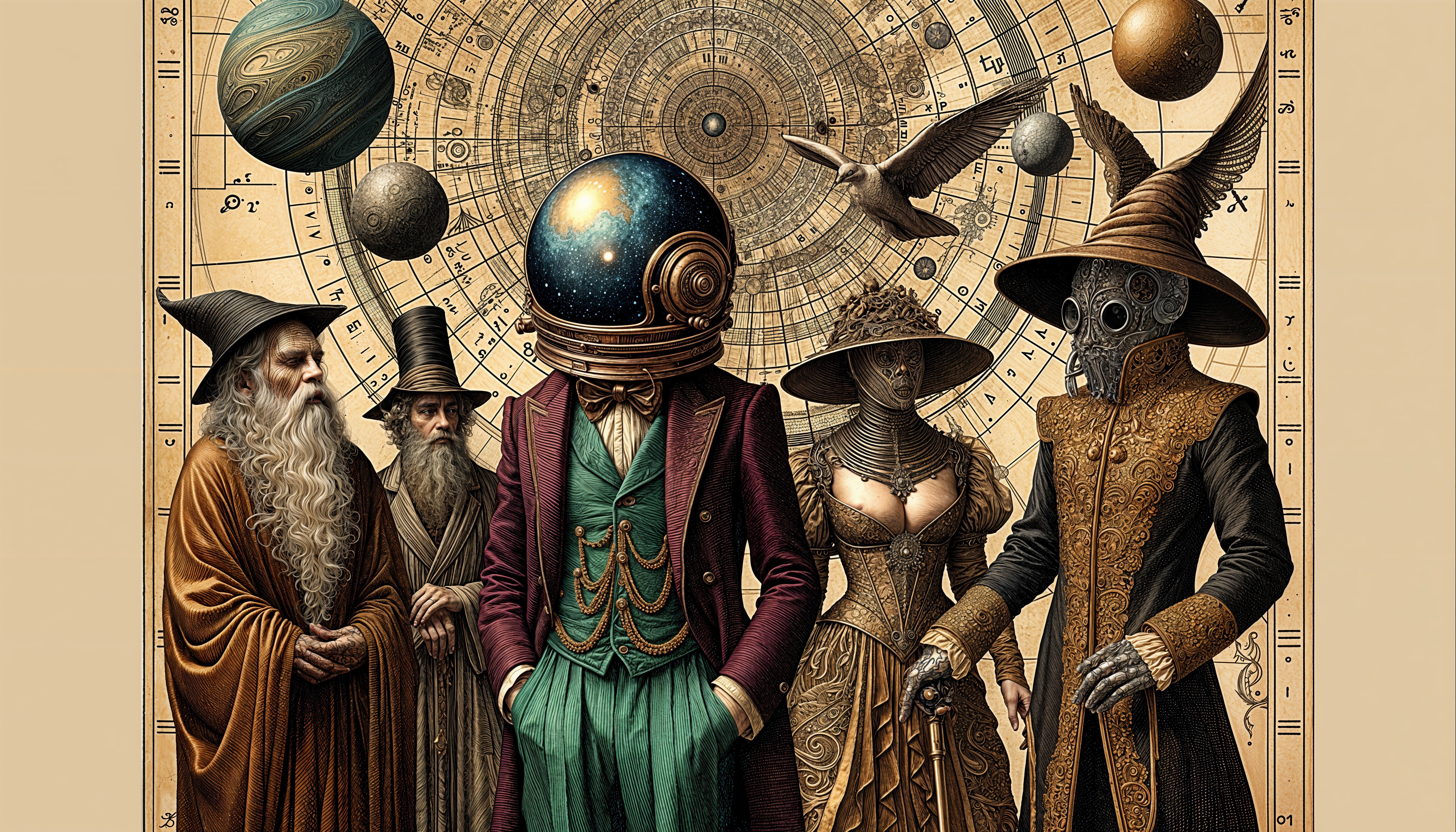 Steampunk and Baroque Figures Against Ancient Map