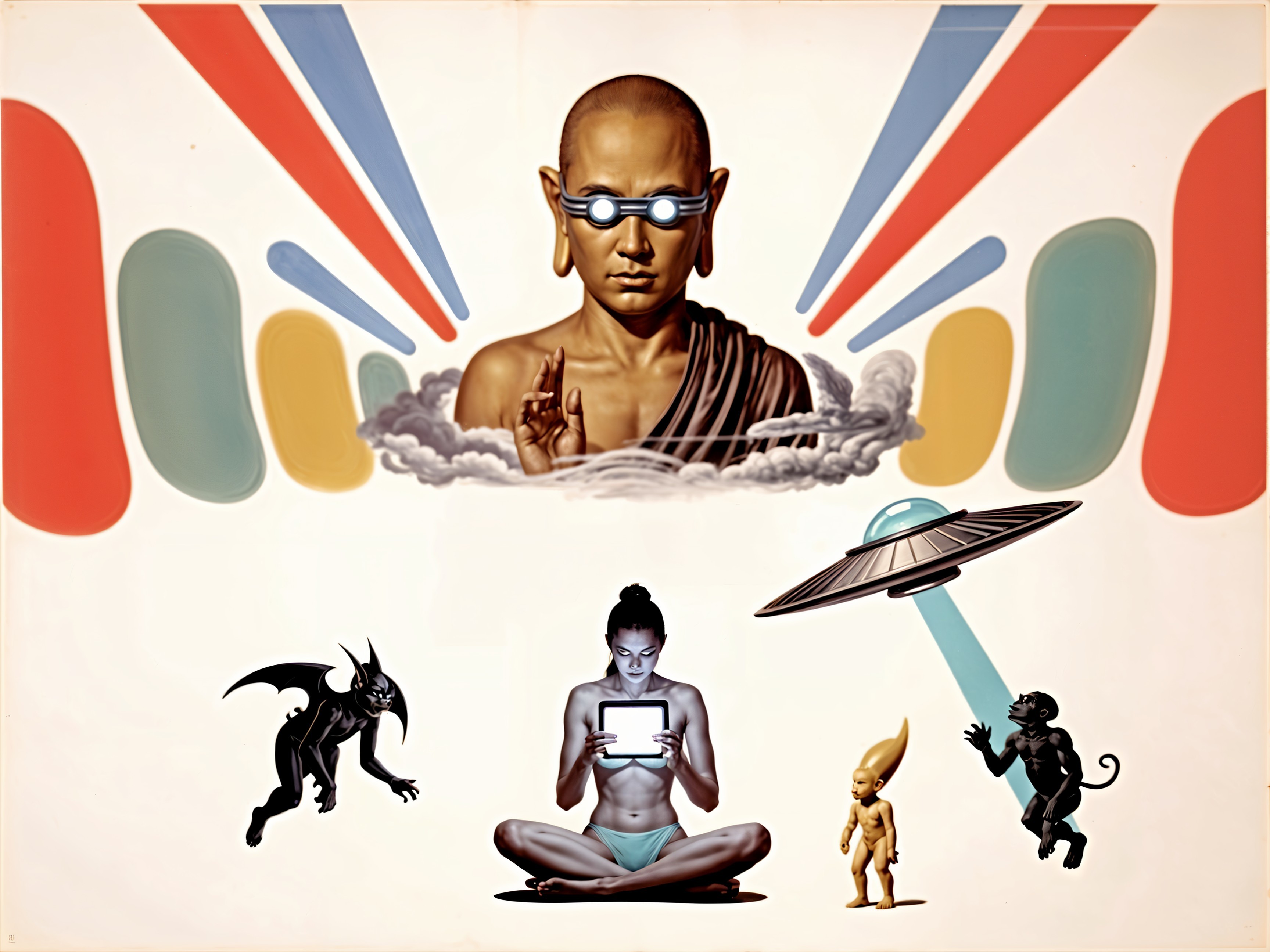 Surreal Scene with Monk, Colorful Rays, and Whimsical Characters