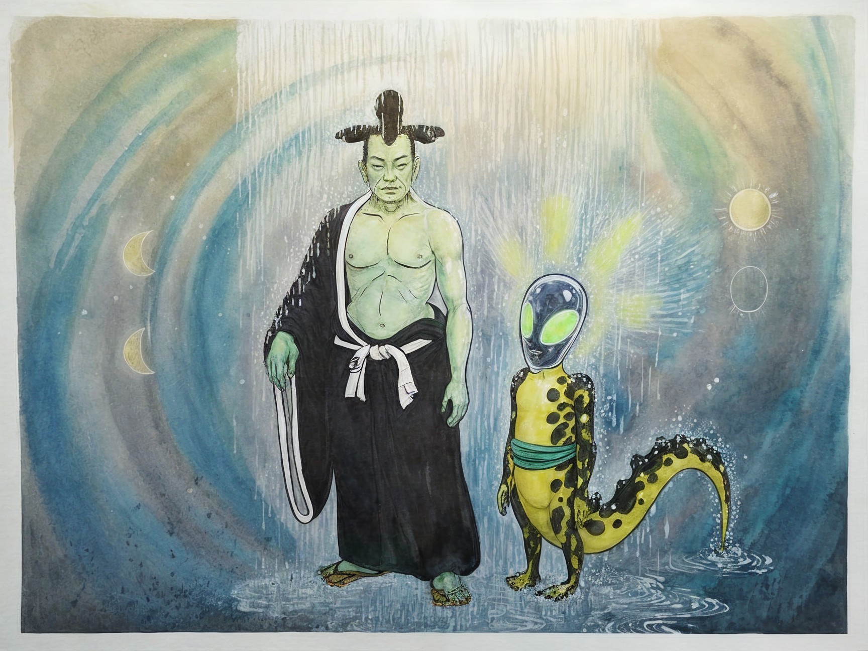 Muscular Figure in Traditional Attire with Otherworldly Creature