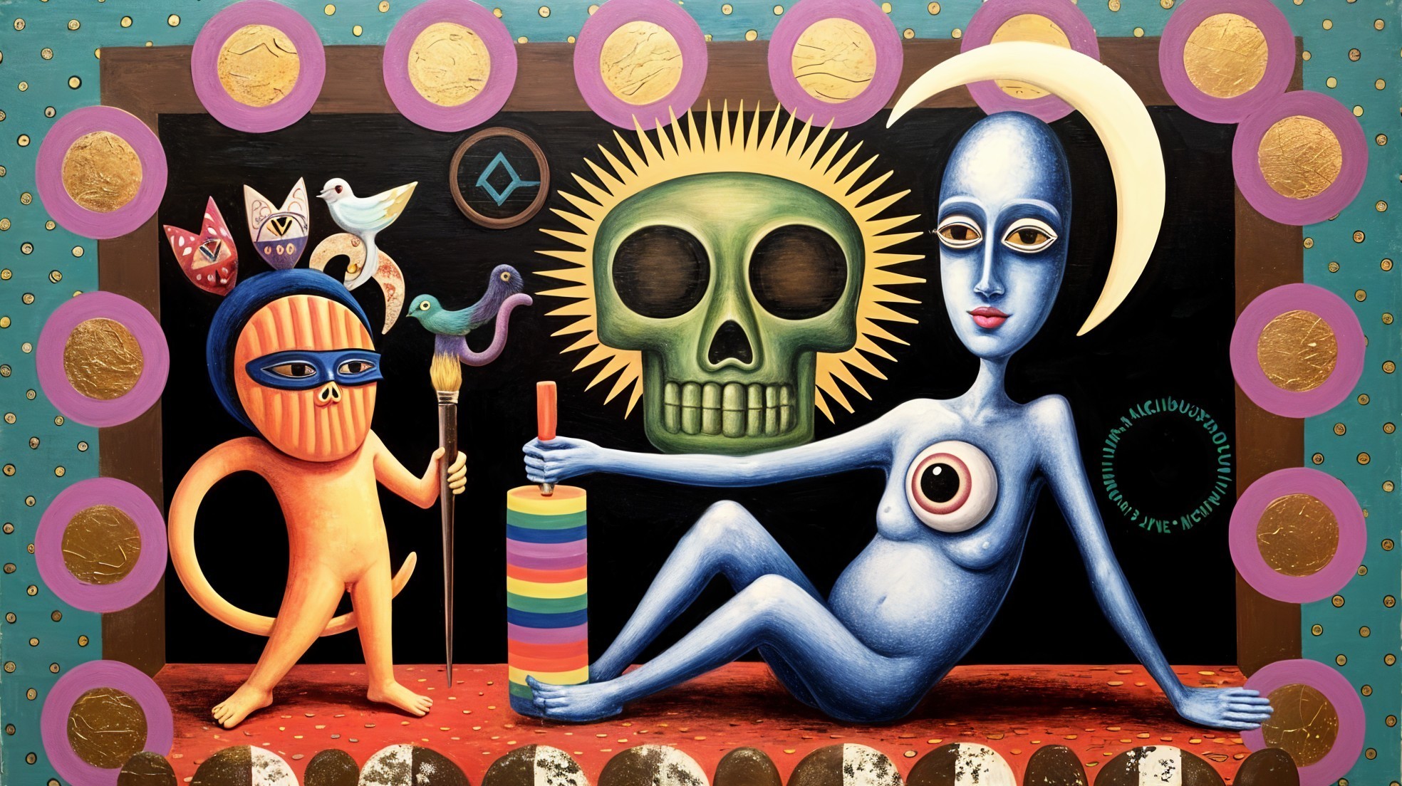 Surreal Painting of Cat-Like Figure and Reclining Giant