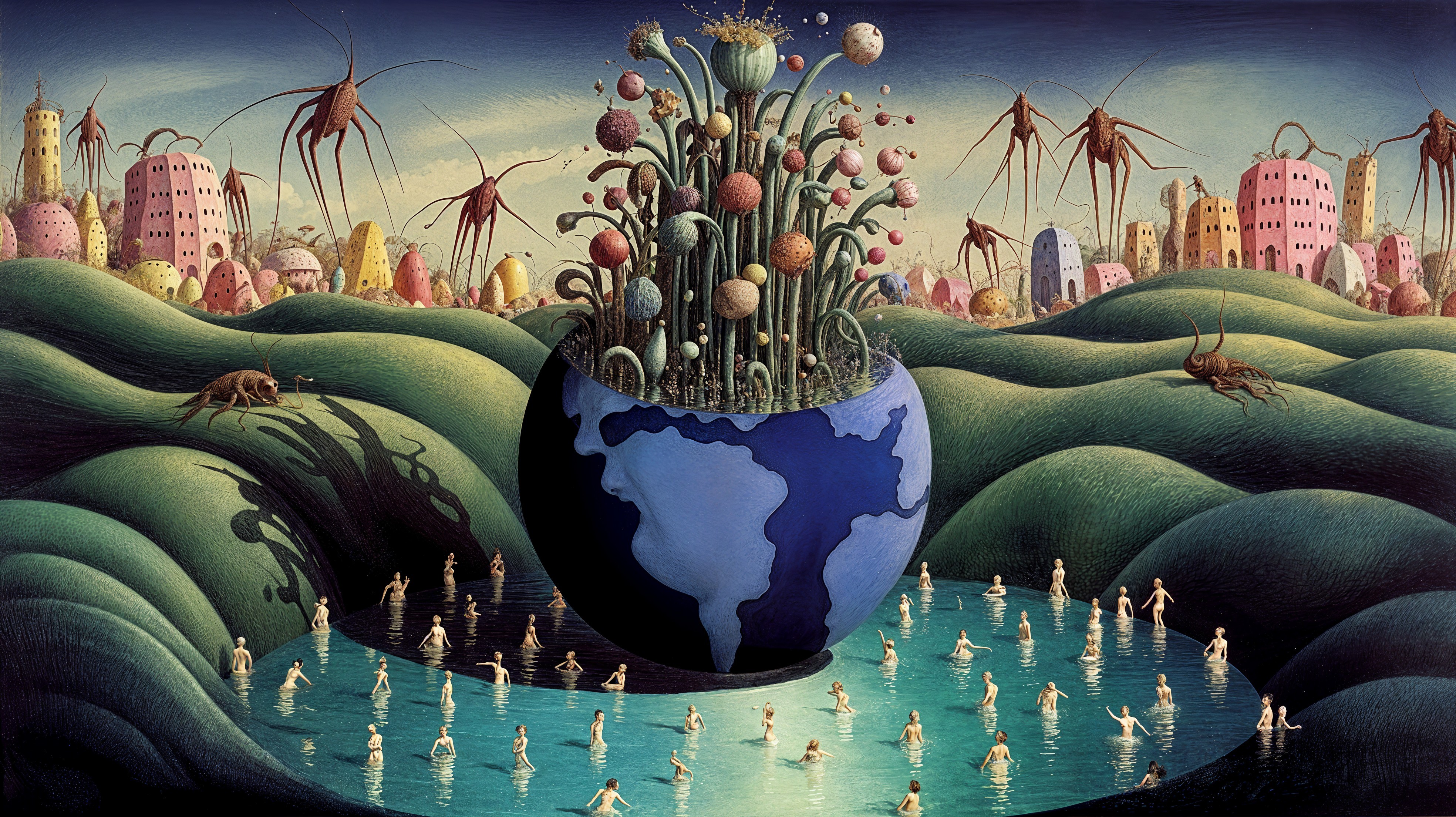 Surreal Landscape with Globe and Whimsical Creatures