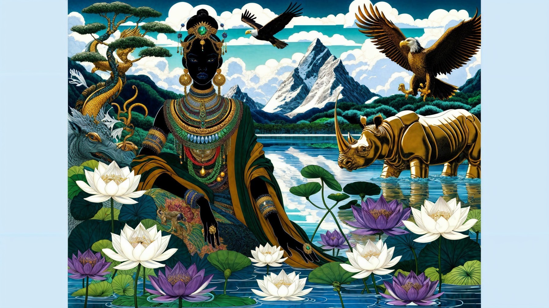 Serene Figure by Tranquil Lake with Lotus Flowers