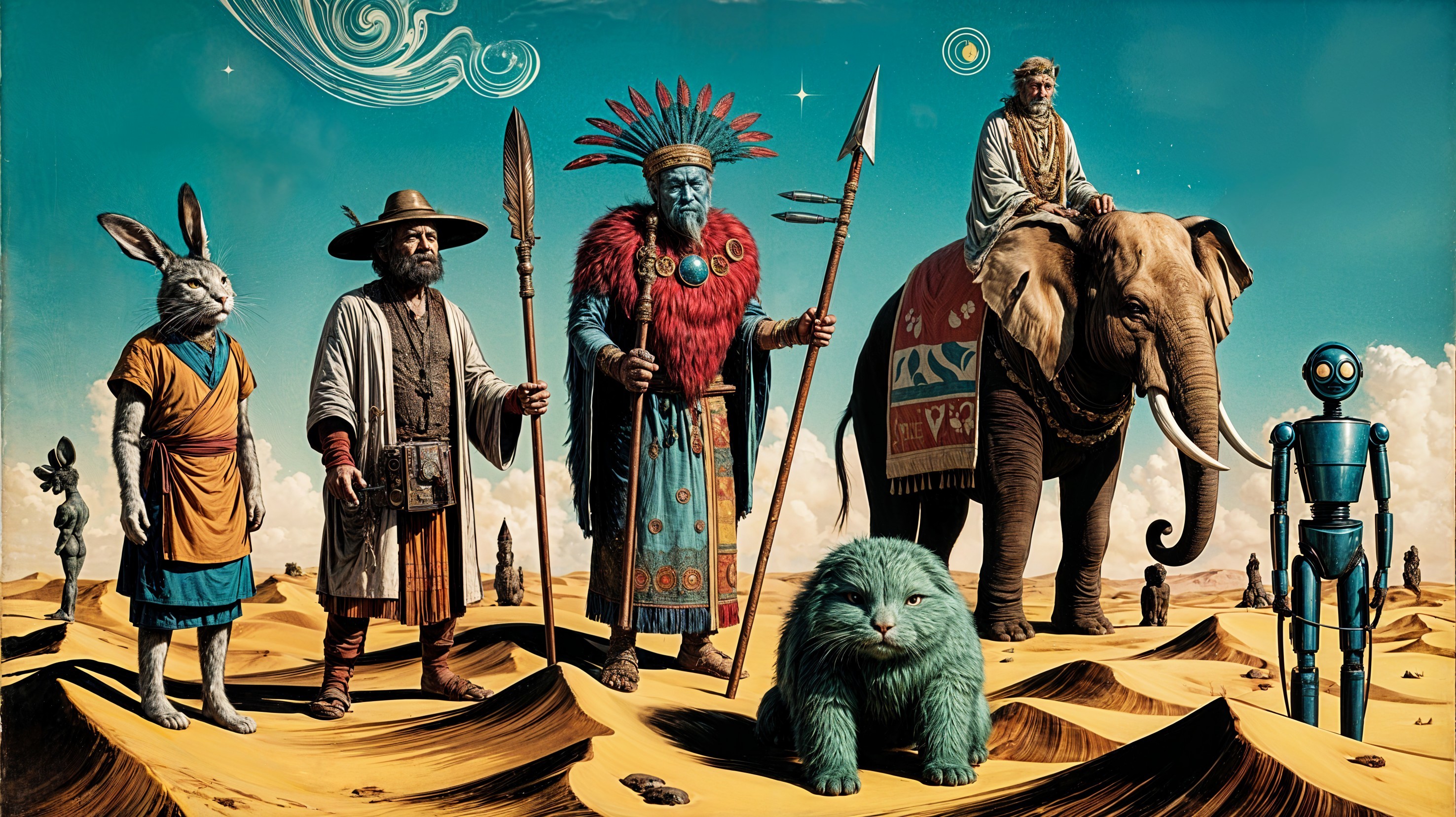 Surreal Landscape with Diverse Characters and Creatures