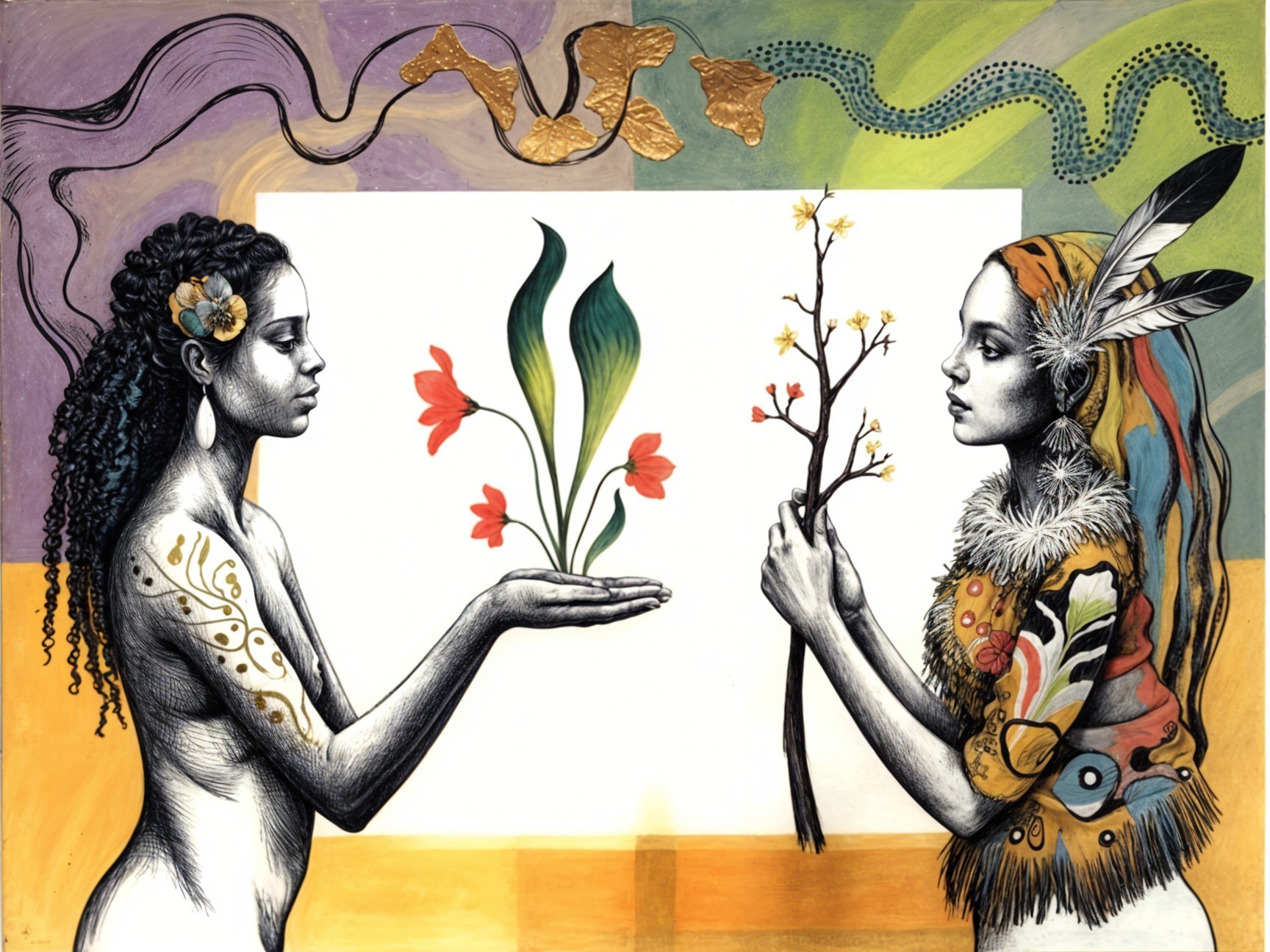 Women in Colorful Attire Surrounded by Abstract Nature