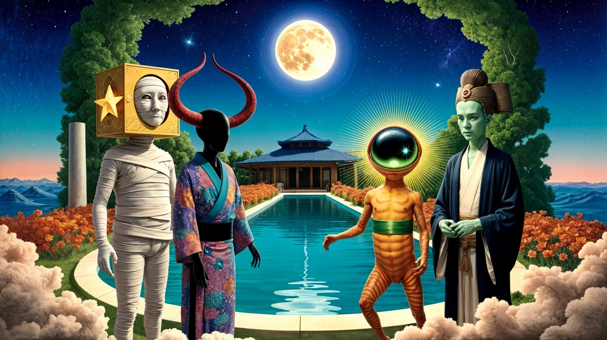 Surreal Landscape with Characters by Reflective Pool