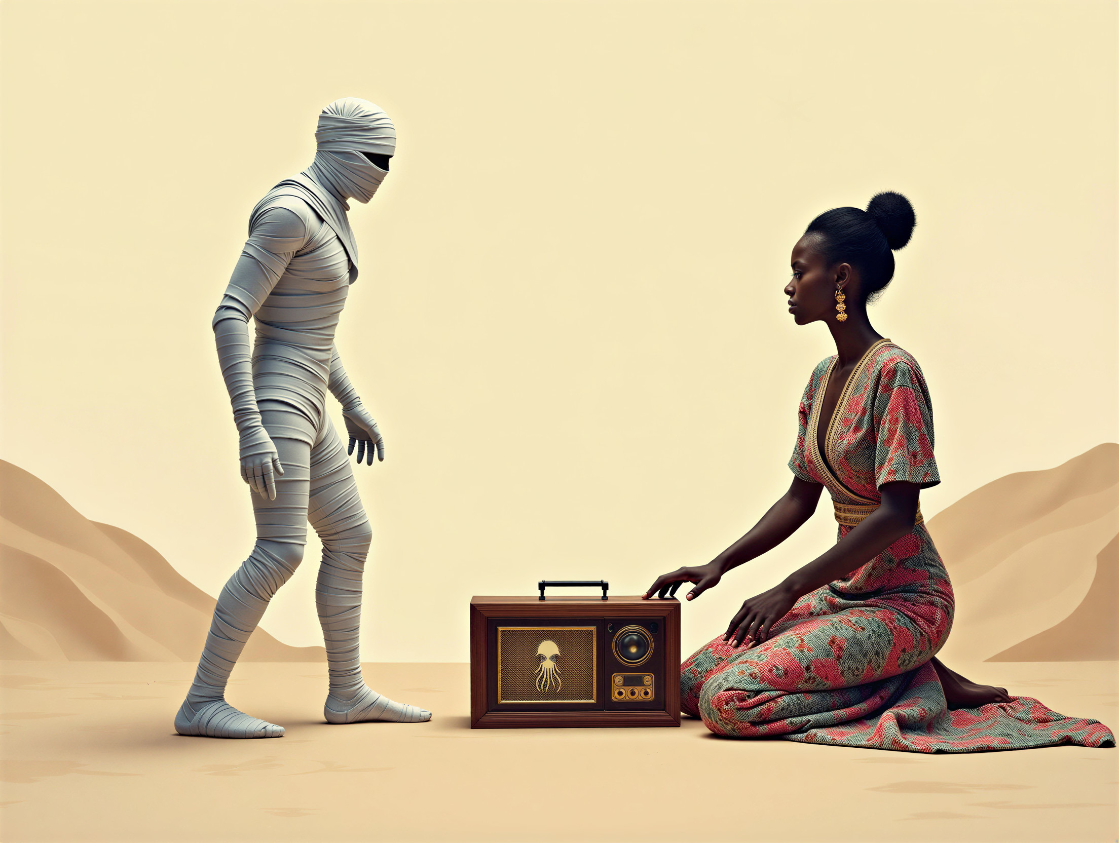 Surreal Desert Scene with Mummy and Woman by Radio