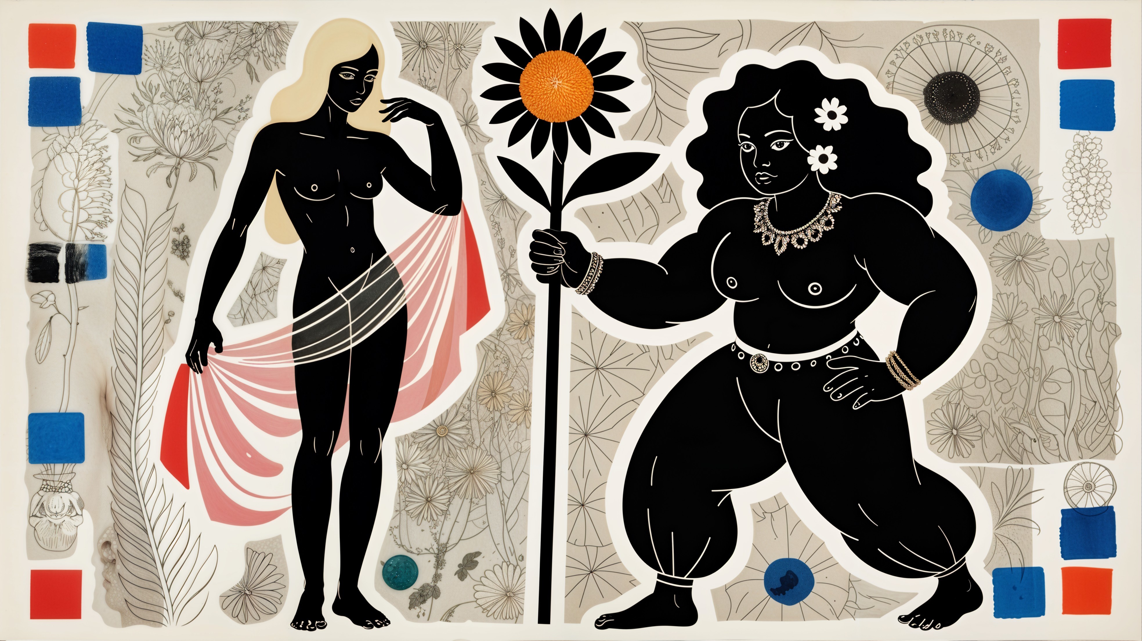 Contrasting Figures in Floral Artwork Displaying Femininity