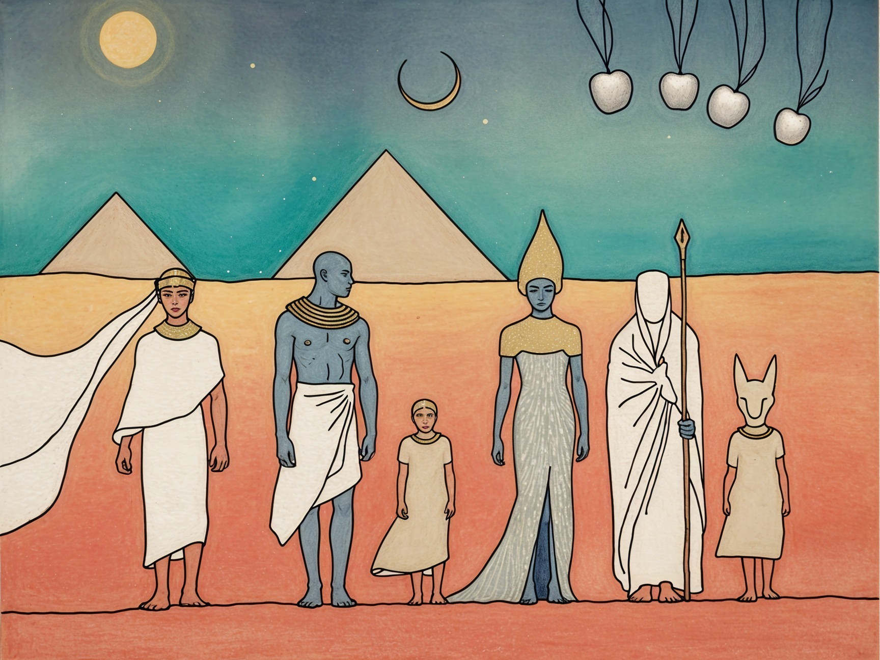 Stylized Ancient Egyptian Figures in Desert Landscape