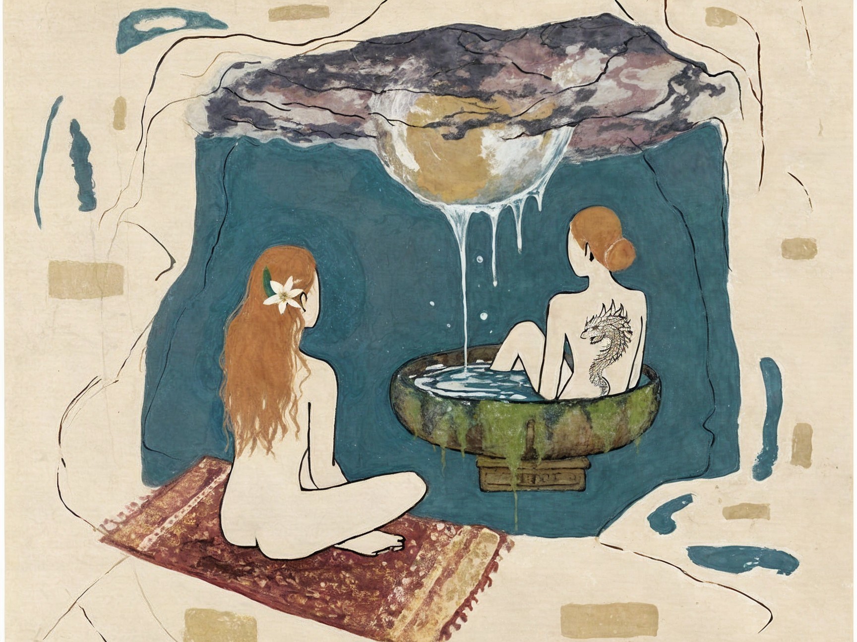 Women by a Tranquil Bath in an Ethereal Landscape