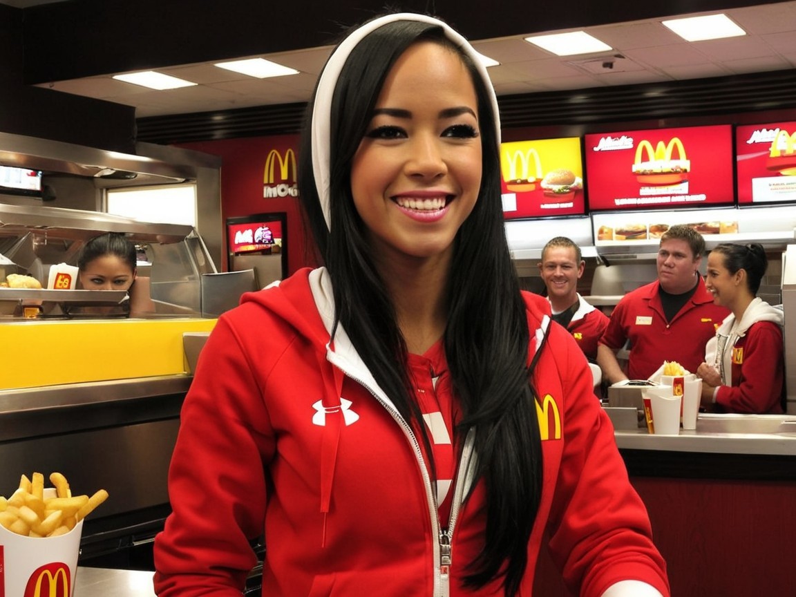 Young Woman in McDonald's Uniform Behind Counter