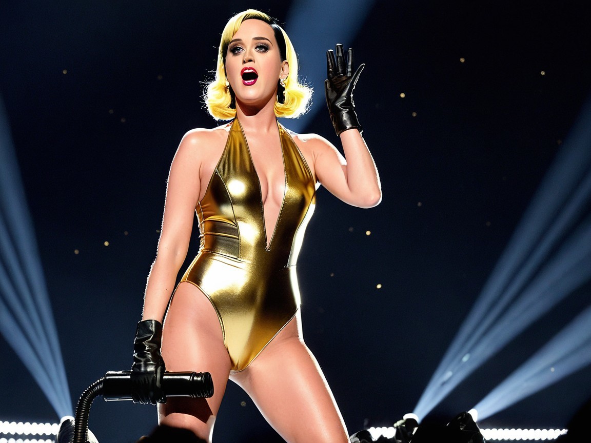 Platinum Blonde Performer in Gold Outfit on Stage