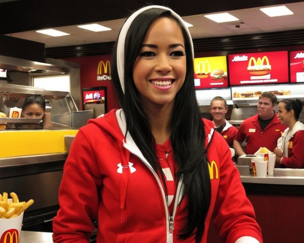 Young Woman in McDonald's Uniform Behind Counter