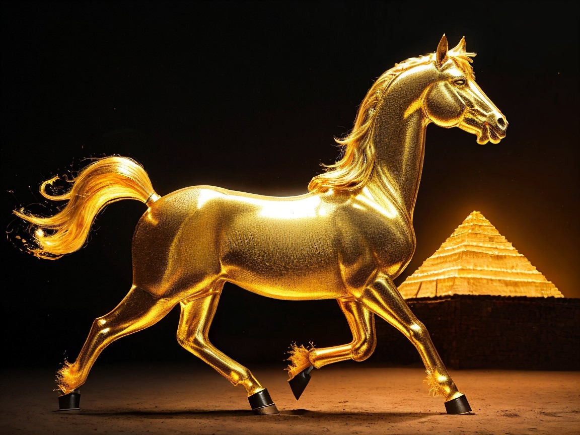 Golden Horse Sculpture with Pyramid Backdrop