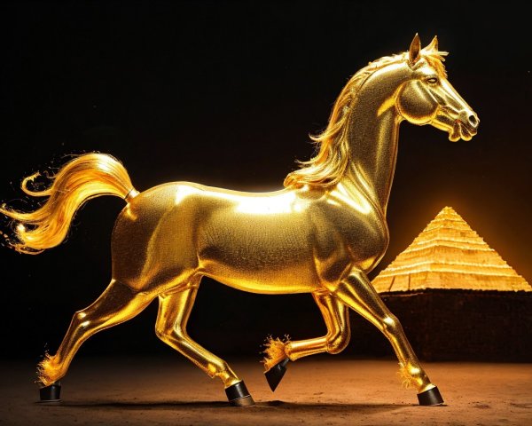 Golden Horse Sculpture with Pyramid Backdrop
