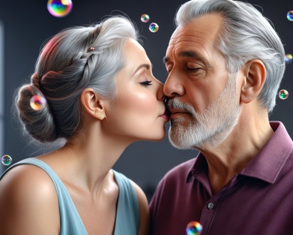 Elderly Couple Sharing a Tender Kiss Surrounded by Bubbles