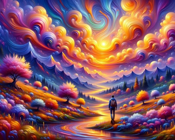 Vibrant Landscape with Colorful Sky and Tranquil River