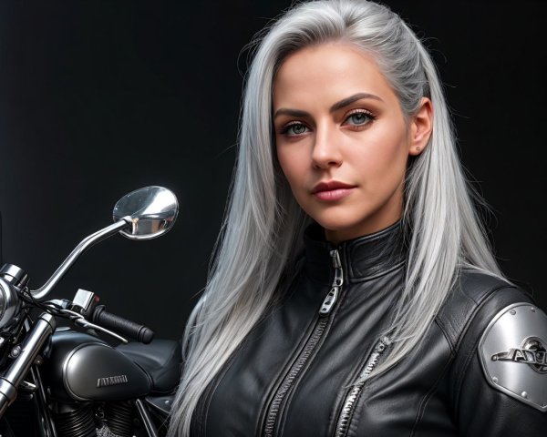 Young woman with silver hair beside a motorcycle