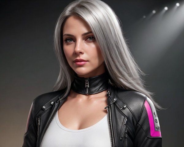 Female figure with silver hair in leather jacket