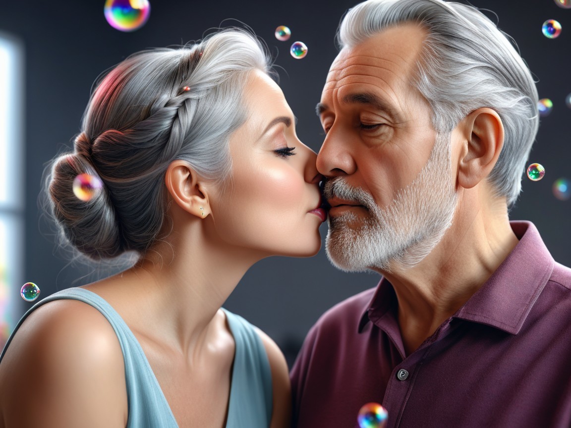 Elderly Couple Sharing a Tender Kiss Surrounded by Bubbles