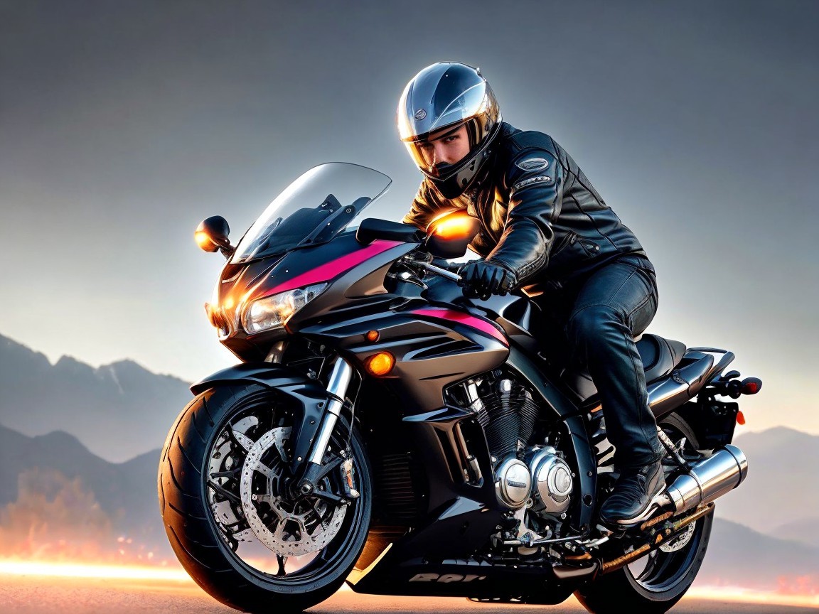 Rider in Black Leather on Sporty Motorcycle at Sunset