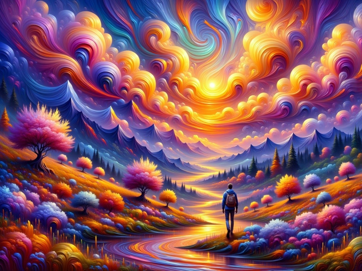 Vibrant Landscape with Colorful Sky and Tranquil River