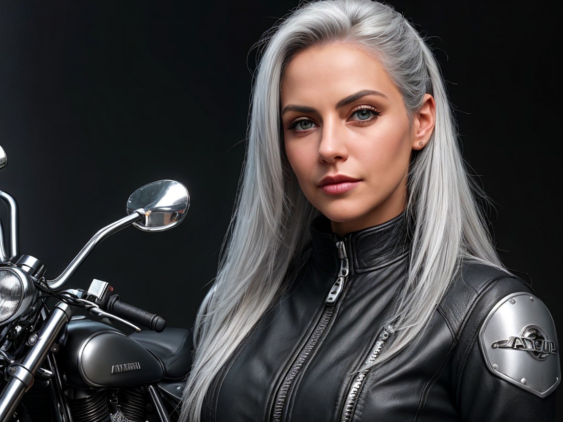 Young woman with silver hair beside a motorcycle