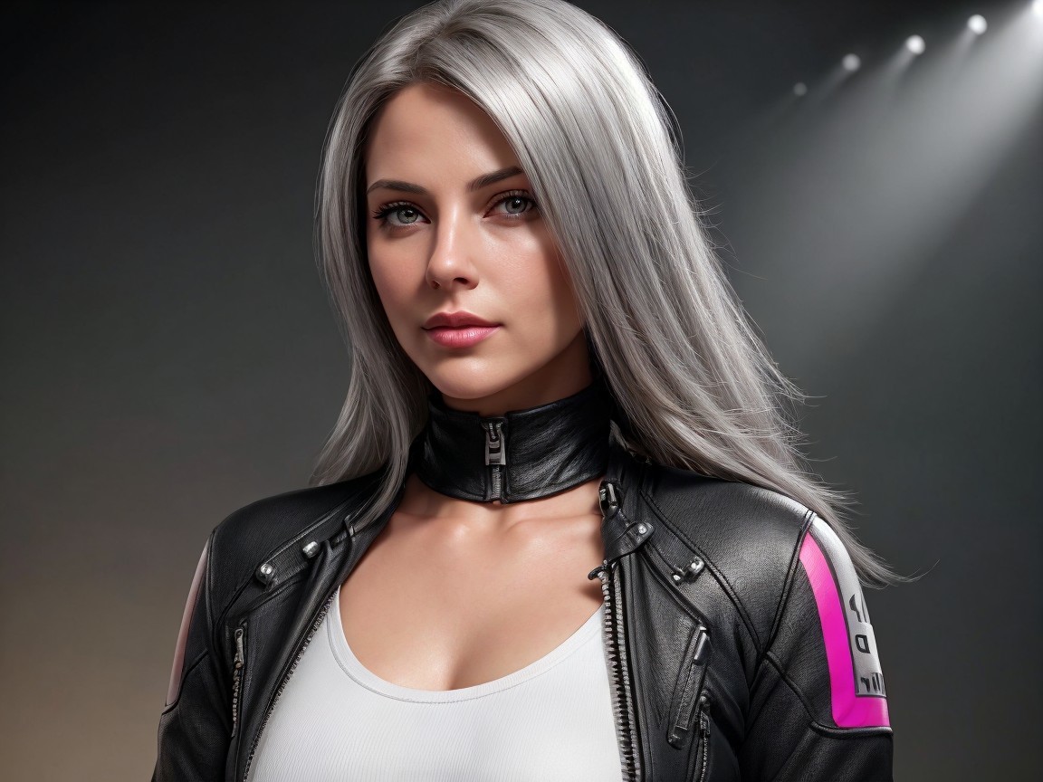Female figure with silver hair in leather jacket