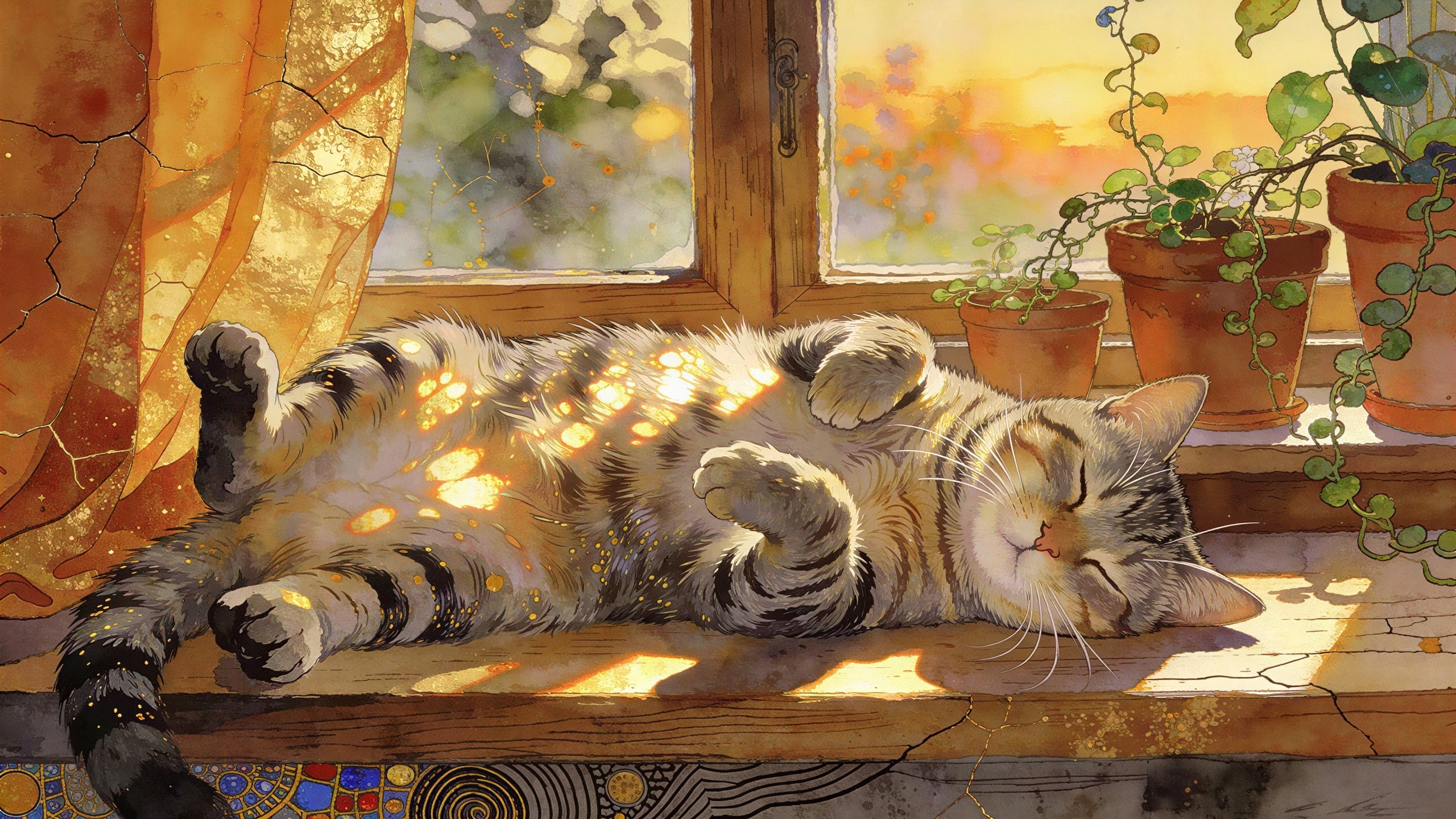 Watercolor of a tabby cat on a sunlit windowsill