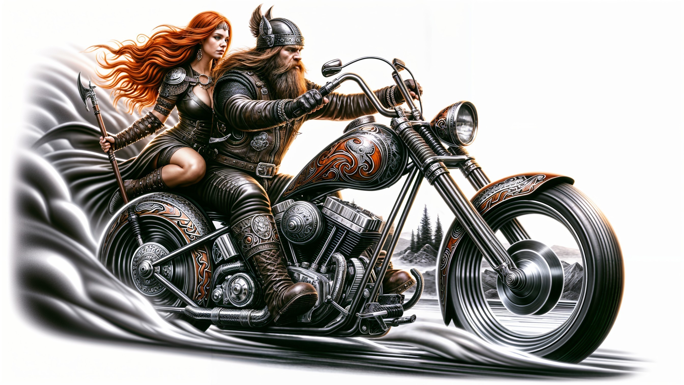 Viking Warrior and Woman on Custom Motorcycle Scene