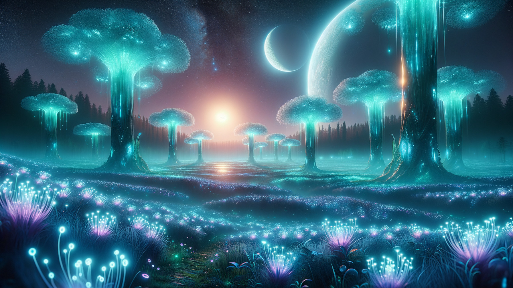 Surreal Landscape with Bioluminescent Flora and Moons
