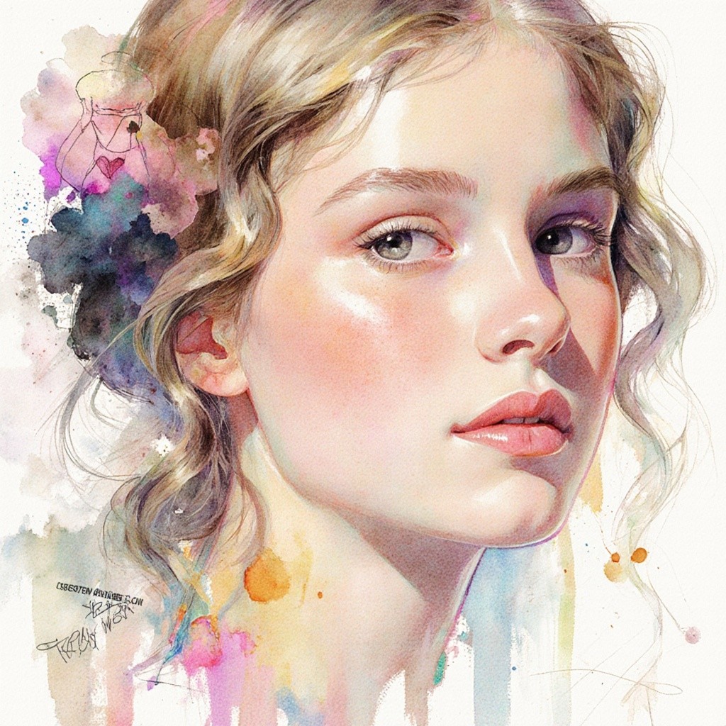 Portrait of a Young Woman with Watercolor Details