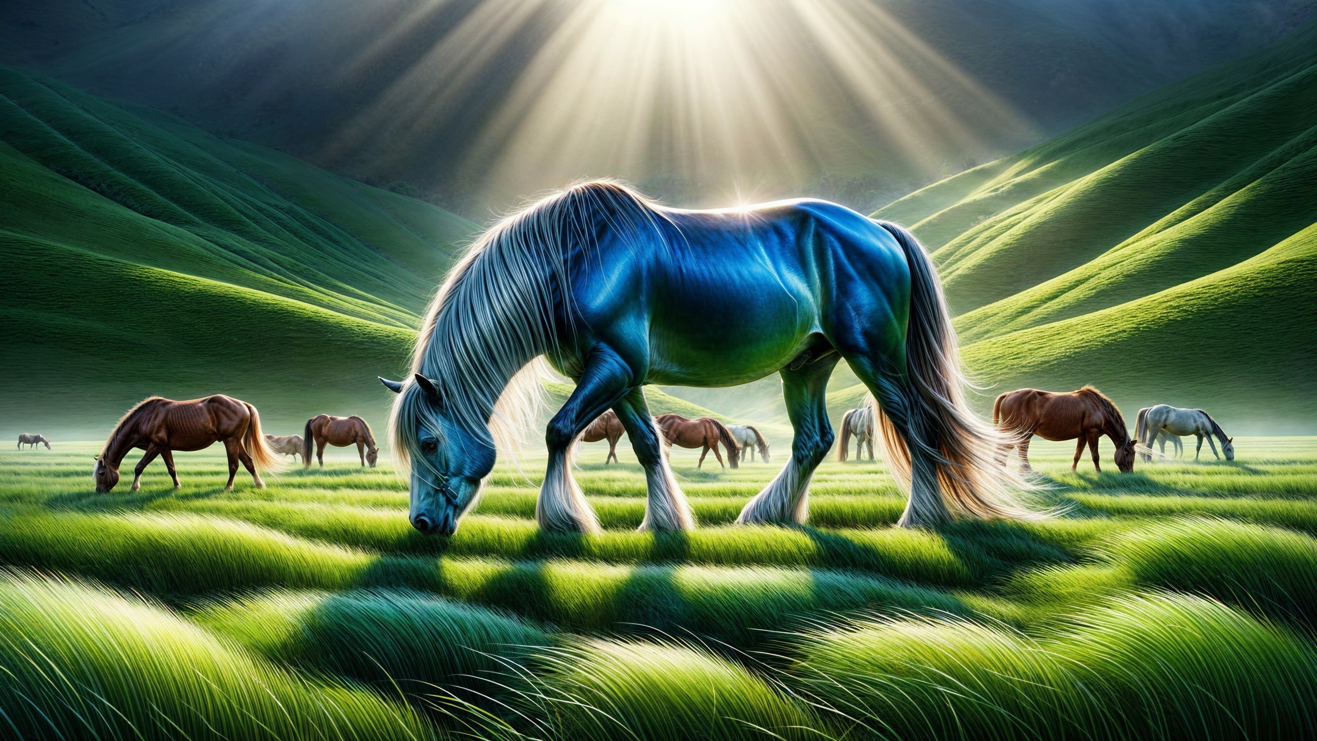 Blue Horse in Lush Green Meadow with Brown Horses