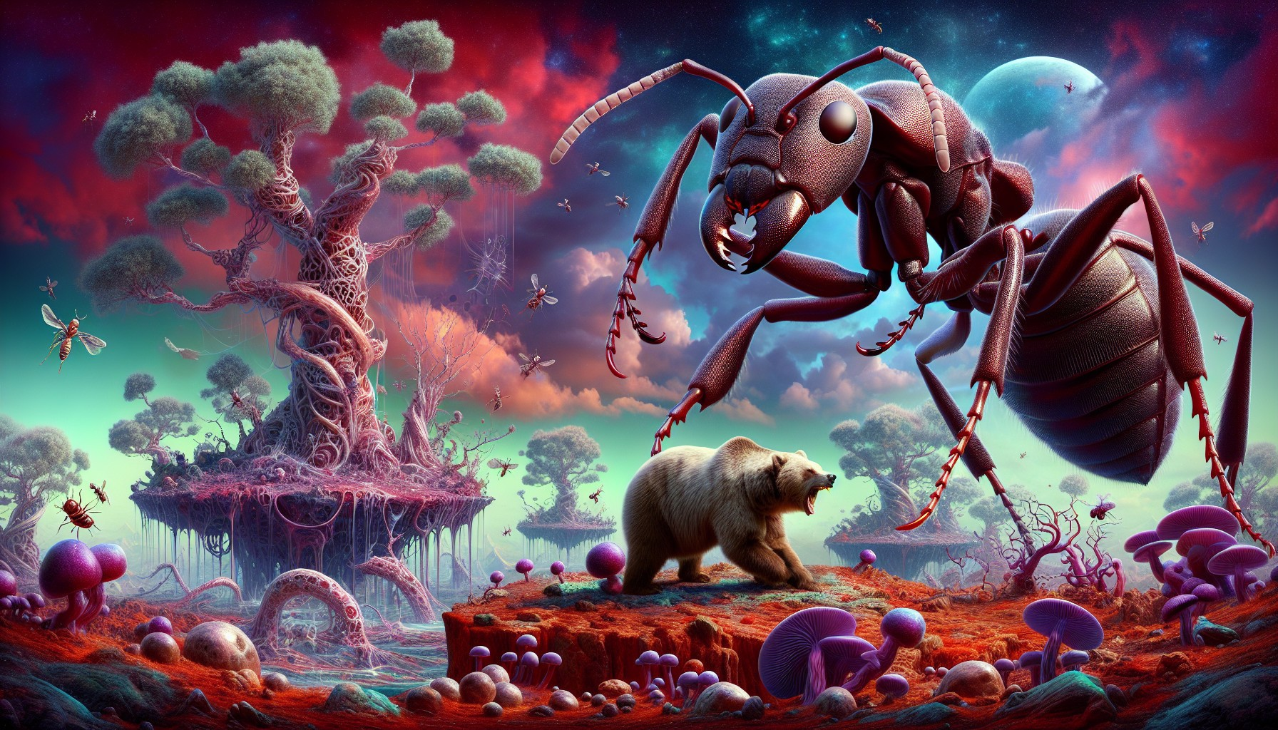 Surreal Landscape with Giant Ant and Bear Amidst Flora