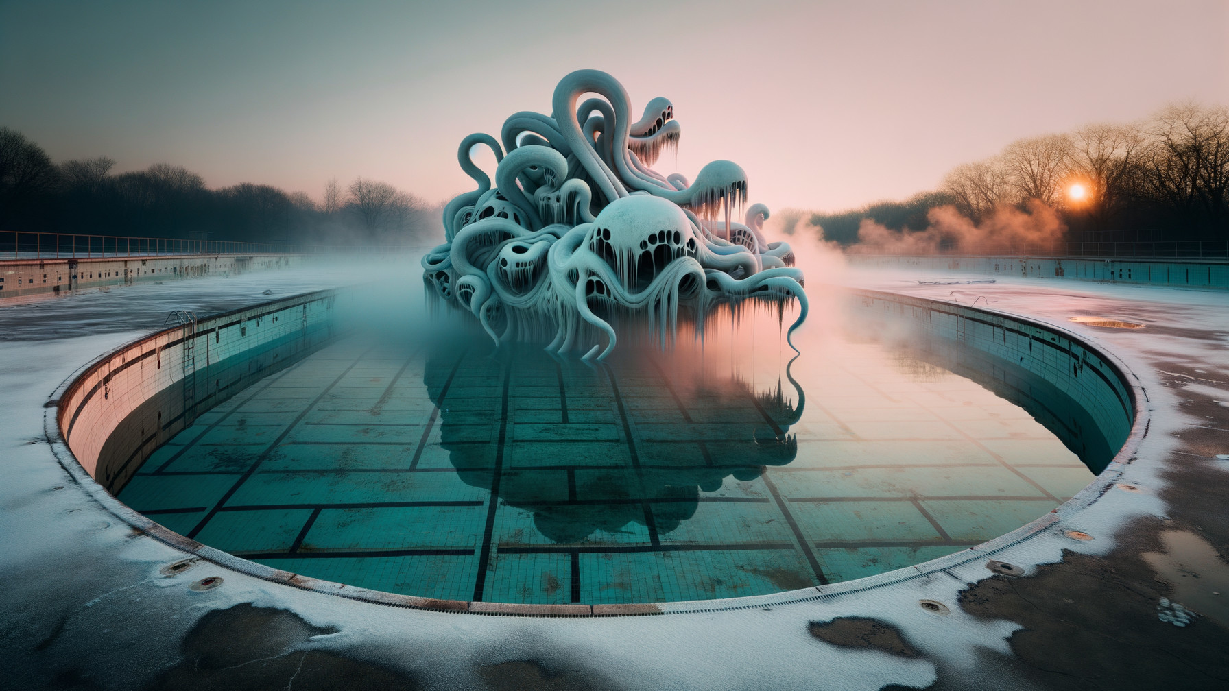 Surreal Sculpture Emerges from Frosty Swimming Pool