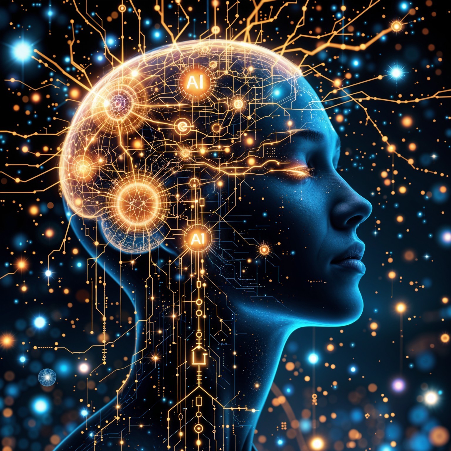 Futuristic Human Head with Circuitry and AI Patterns