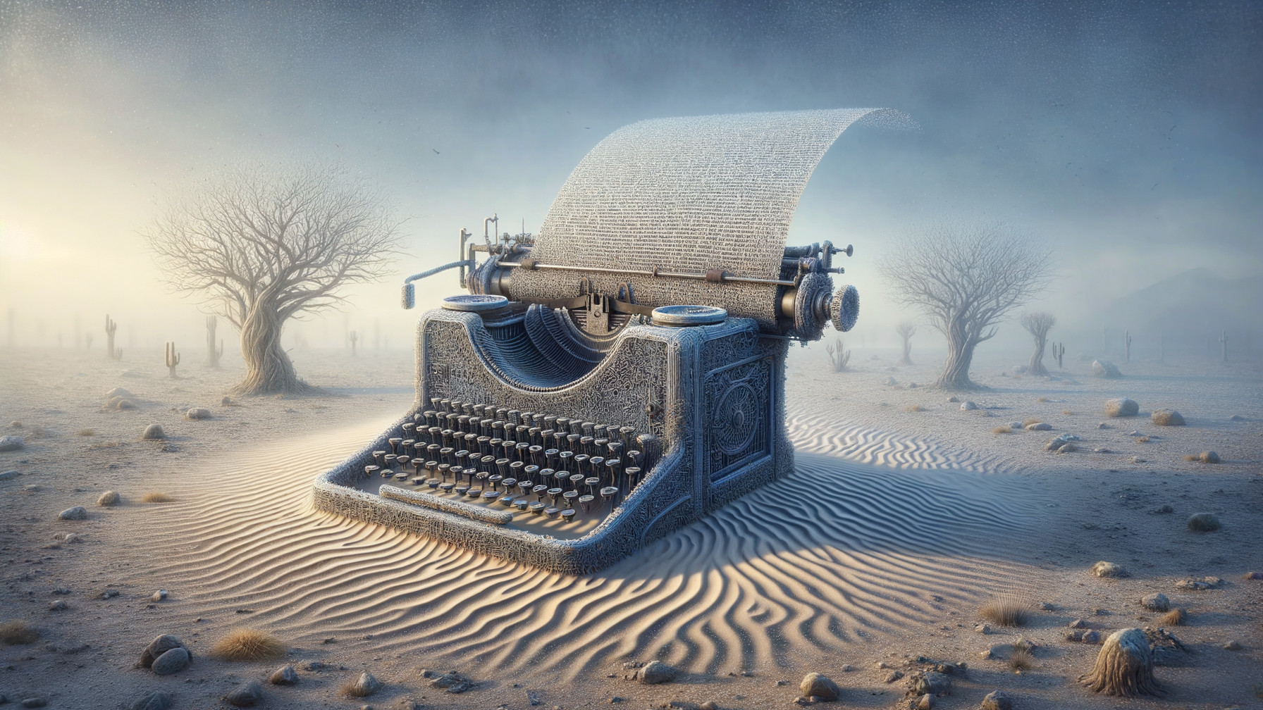 Surreal Landscape with Enormous Typewriter and Paper