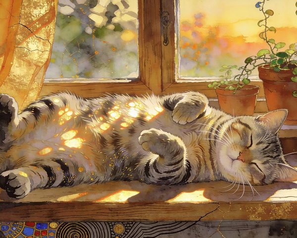 Watercolor of a tabby cat on a sunlit windowsill