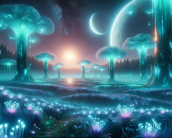 Surreal Landscape with Bioluminescent Flora and Moons