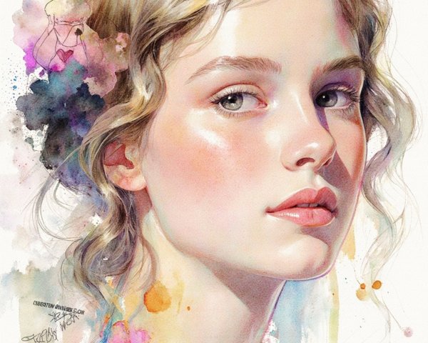 Portrait of a Young Woman with Watercolor Details