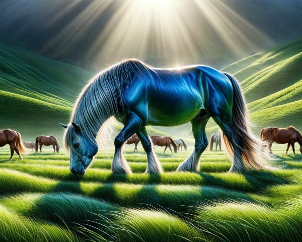 Blue Horse in Lush Green Meadow with Brown Horses