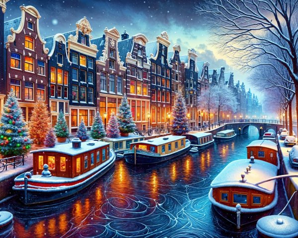 Winter Scene in Amsterdam with Snow and Lights