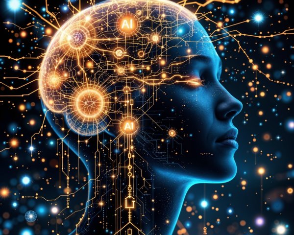 Futuristic Human Head with Circuitry and AI Patterns