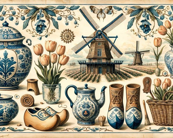 Traditional Dutch Scene with Pottery and Windmill